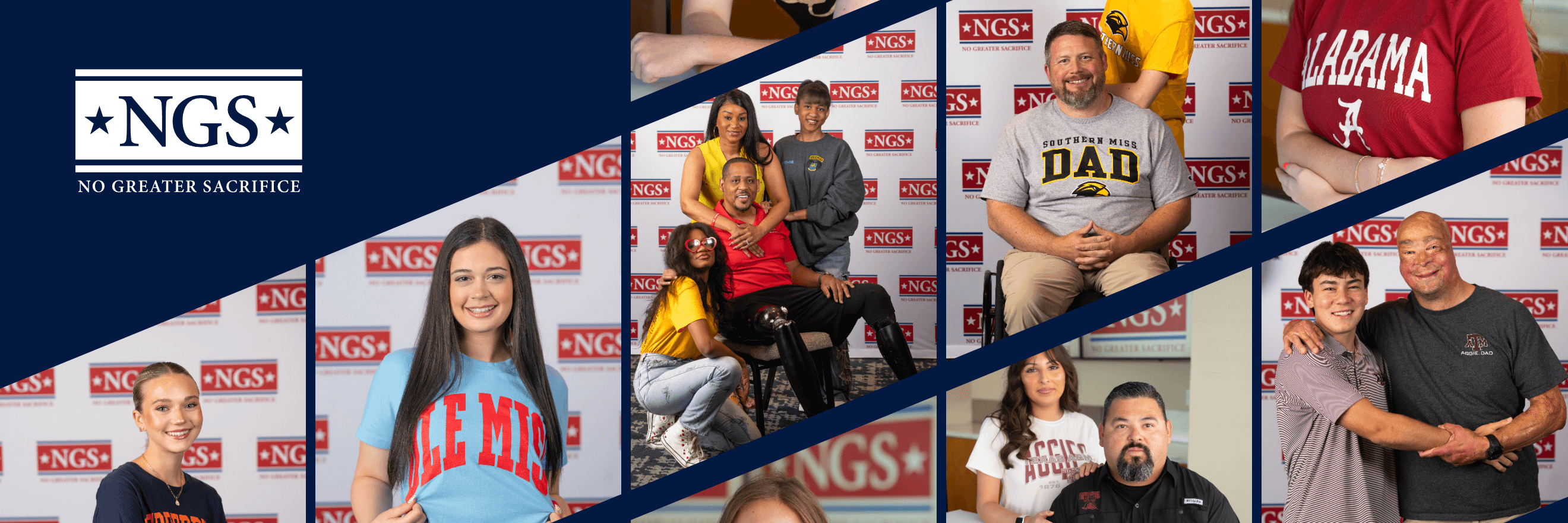 NGS Insider masthead: the No Greater Sacrifice logo on navy beside diagonal panels of Scholars and families photographed in front of an NGS backdrop, several wearing college shirts including Ole Miss, Alabama, and Southern Miss.