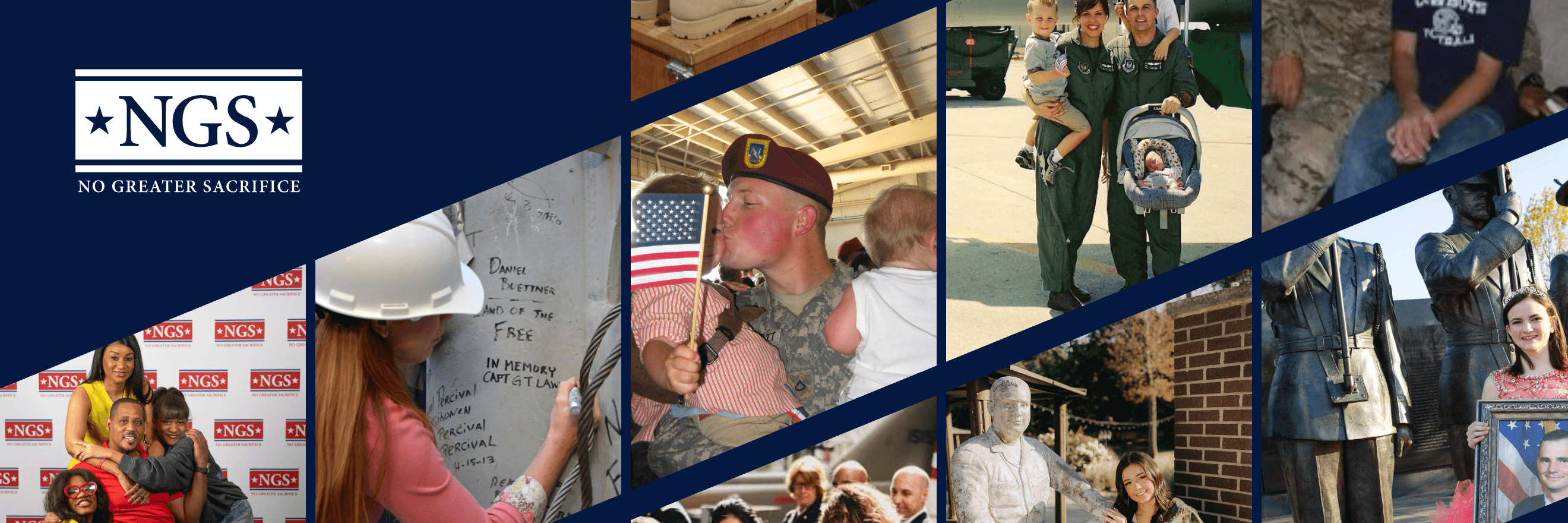 NGS Insider masthead: the No Greater Sacrifice logo on navy beside diagonal panels of family photographs - a Soldier kissing a toddler holding a small American flag, a woman in a hard hat signing a steel beam in memory of a fallen Captain, a flight-suited couple holding two young children, families at NGS events, and a Scholar holding a framed portrait beside a bronze memorial statue.