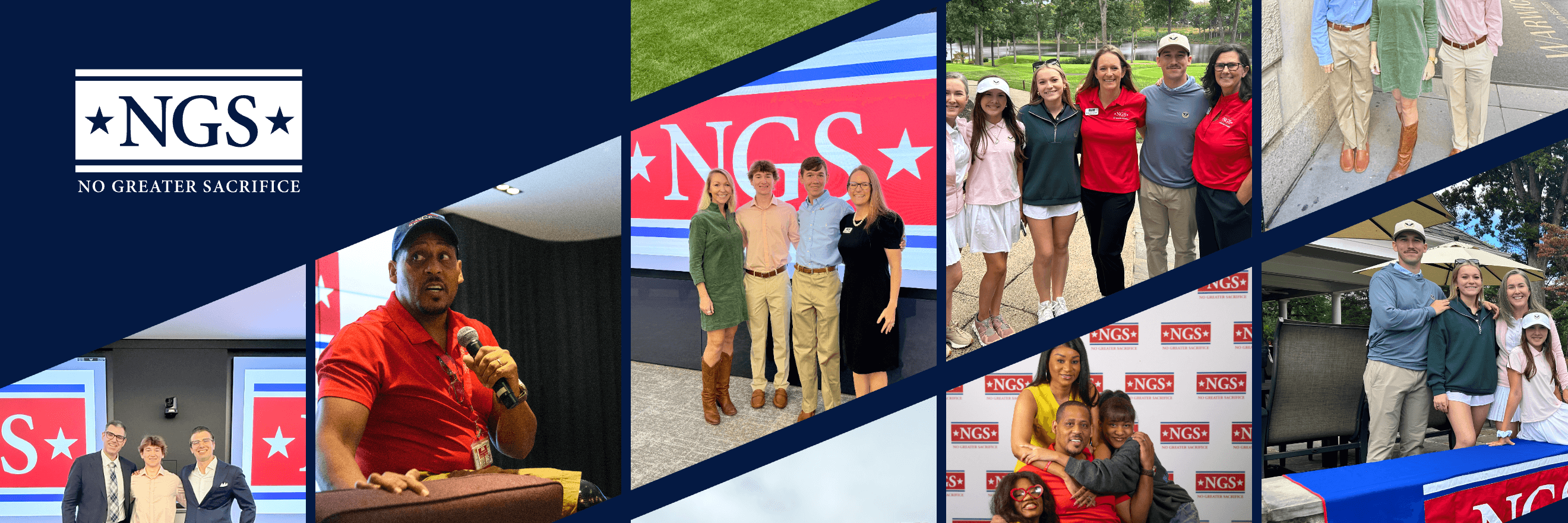NGS Insider masthead: the No Greater Sacrifice logo on navy beside diagonal panels from fall events - a speaker in a red NGS polo at a podium, families posing before NGS signage at the UBS kickoff, and Scholars and supporters at the golf tournament.