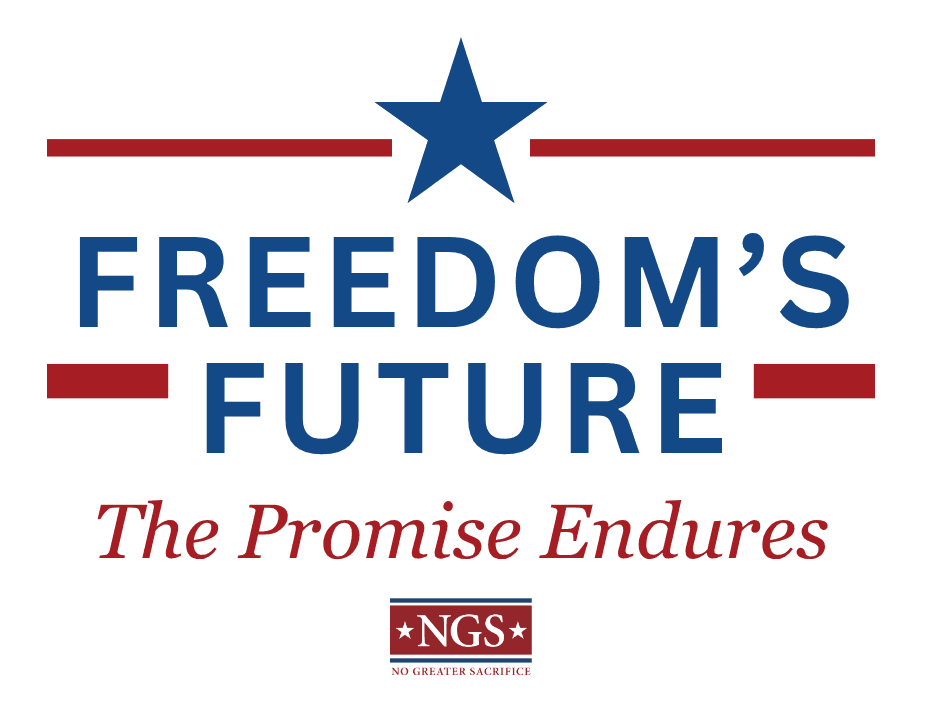 Freedom's Future campaign mark: a blue star above the words Freedom's Future in blue capitals, the tagline The Promise Endures in red italic script, and the NGS logo beneath.