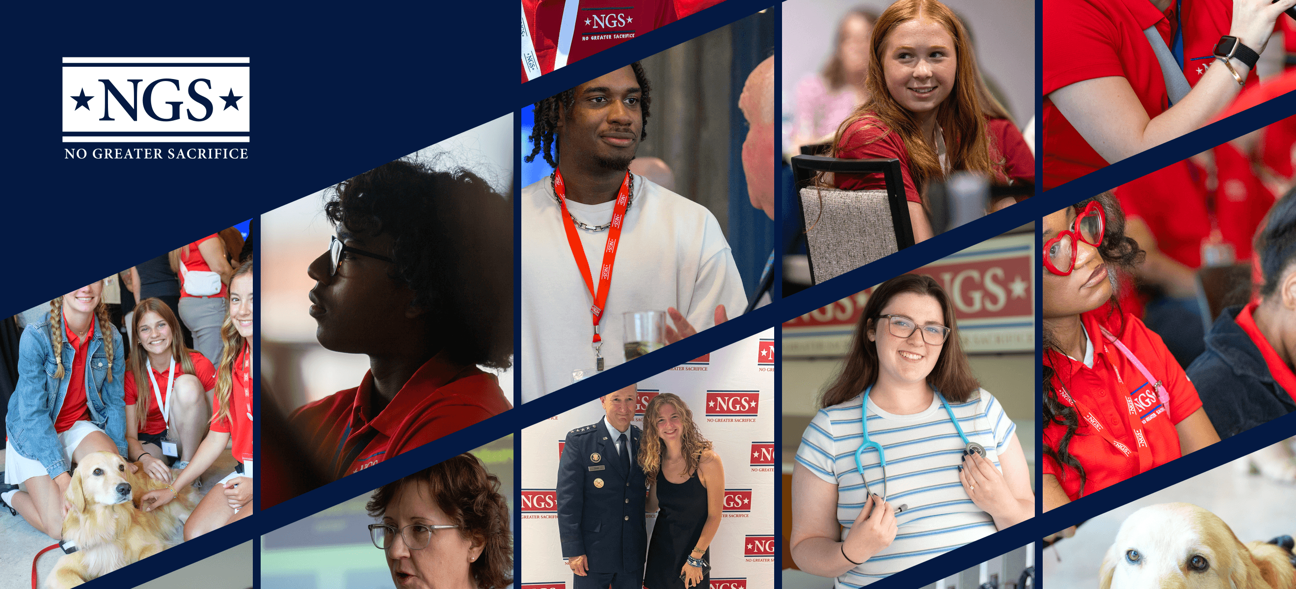 Scholars at the 2026 NGS BootCamp and Freedom Award Reception, shown in full colour across diagonal rows of photographs on a navy field beside the No Greater Sacrifice logo.