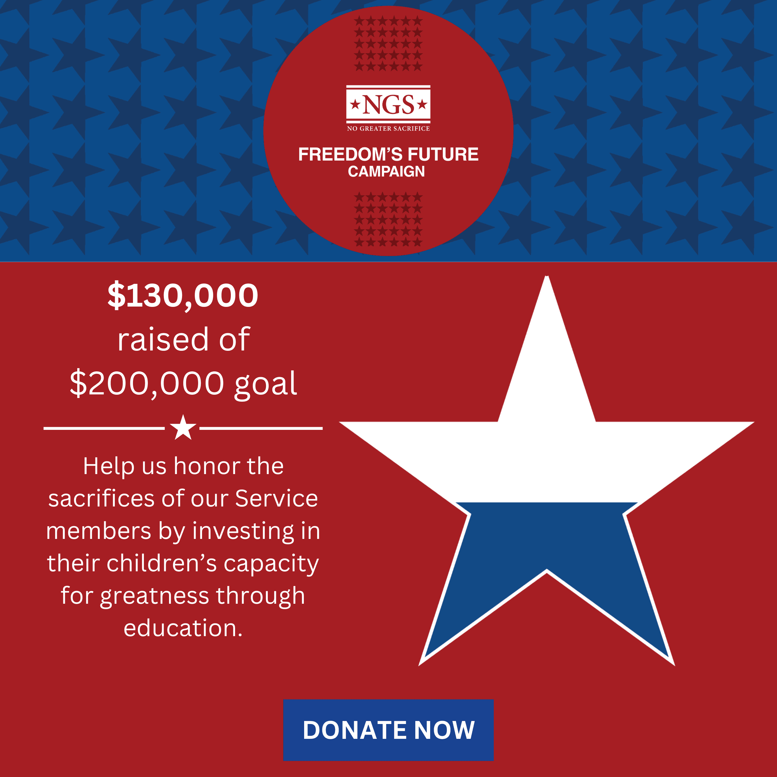 Red, white, and blue Freedom's Future Campaign graphic reading $130,000 raised of $200,000 goal, with a large star and a Donate Now button.
