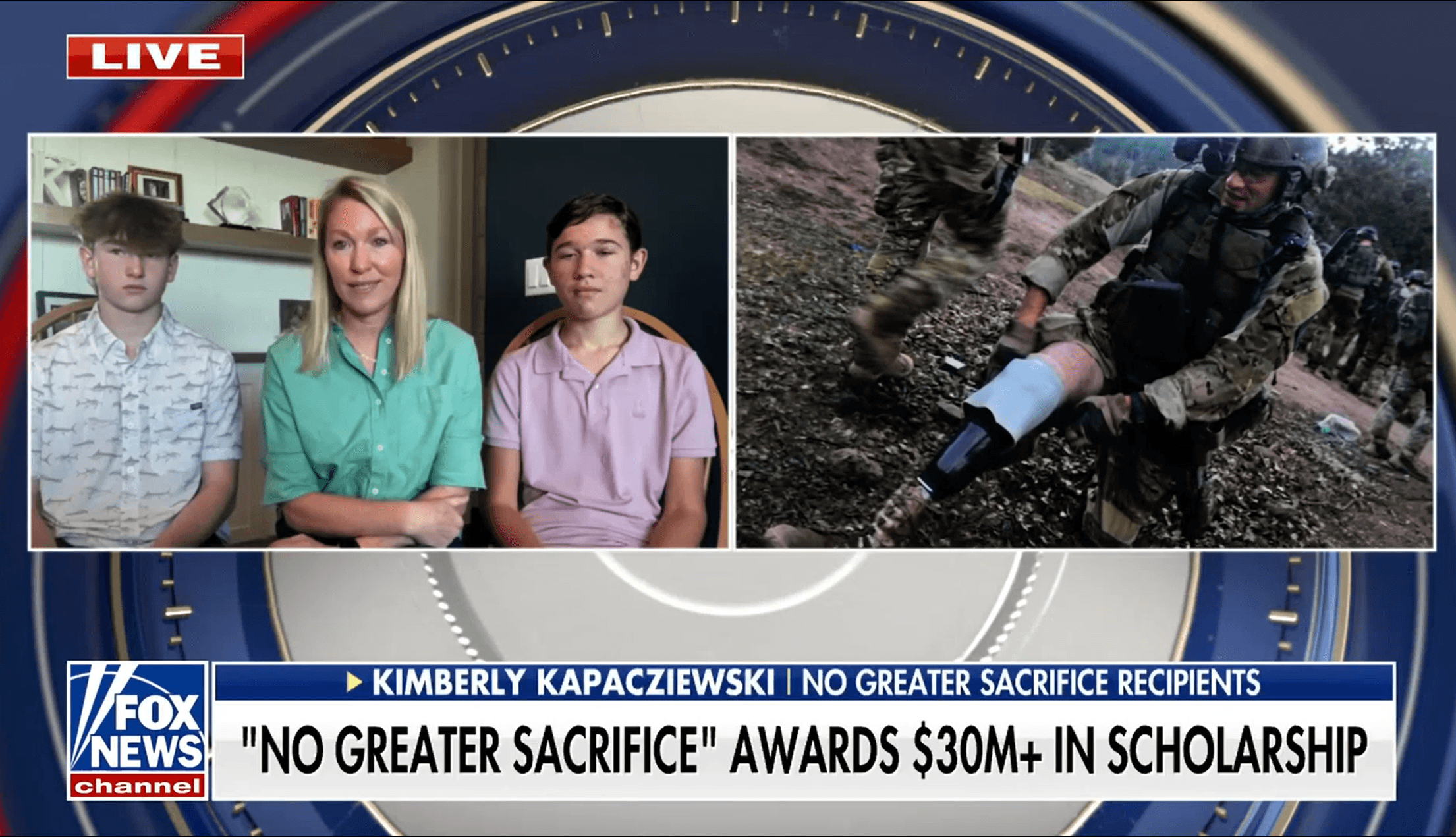 Fox News Live frame: Kimberly Kapacziewski seated between her two sons beside footage of Soldiers carrying a wounded comrade, under the banner 'No Greater Sacrifice' Awards $30M+ in Scholarship.