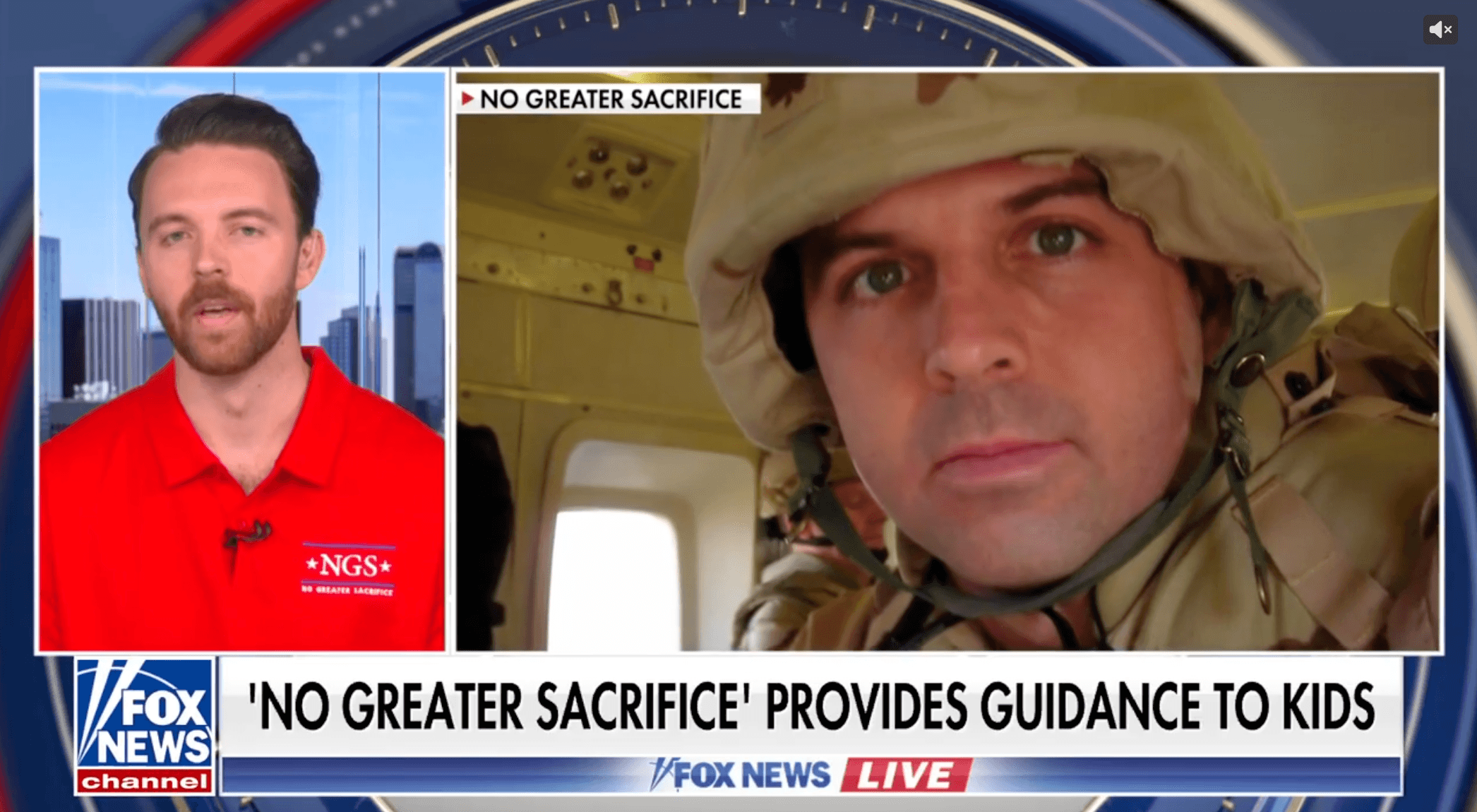 Fox News Live frame: Boston Gilbert in a red NGS polo beside archival footage of a Soldier in a helmet, under the banner 'No Greater Sacrifice' Provides Guidance to Kids.